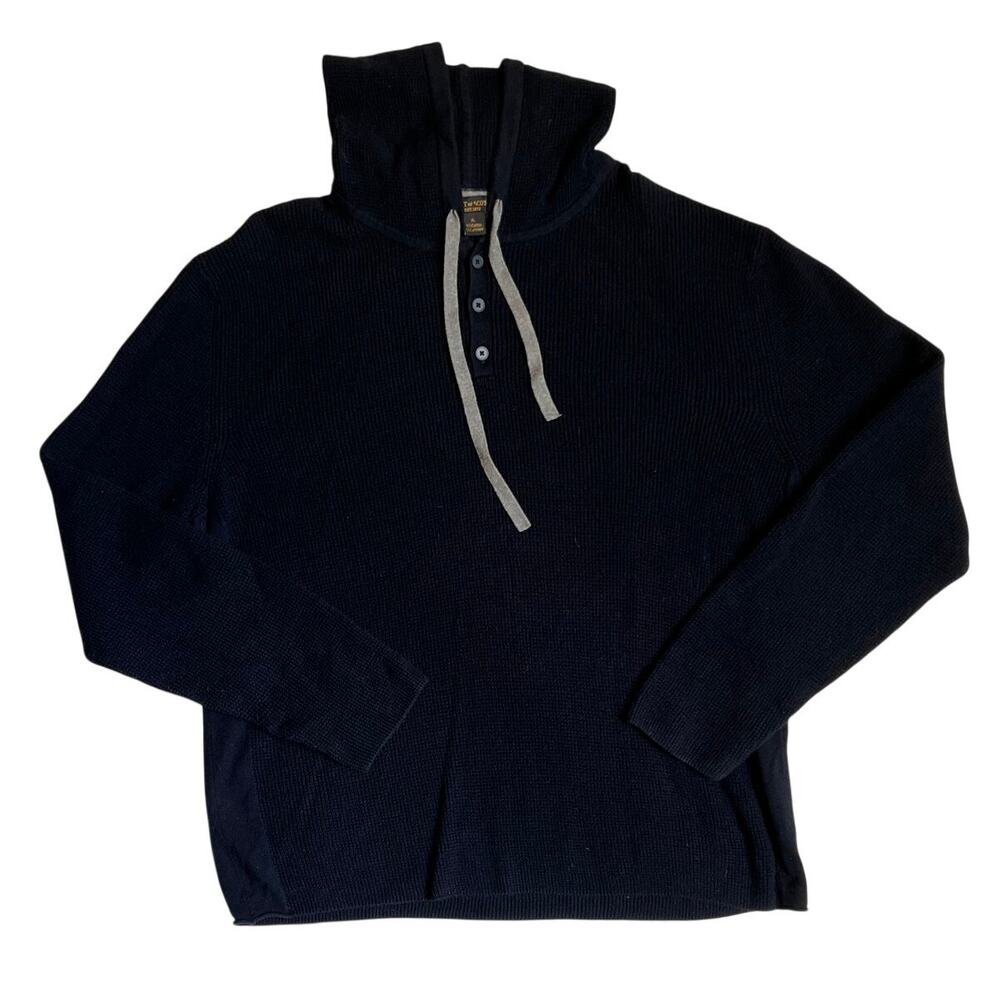 Stewart of Scotland Sweater Mens XL Blue Cotton Cashmere Waffle Knit Hood Luxury